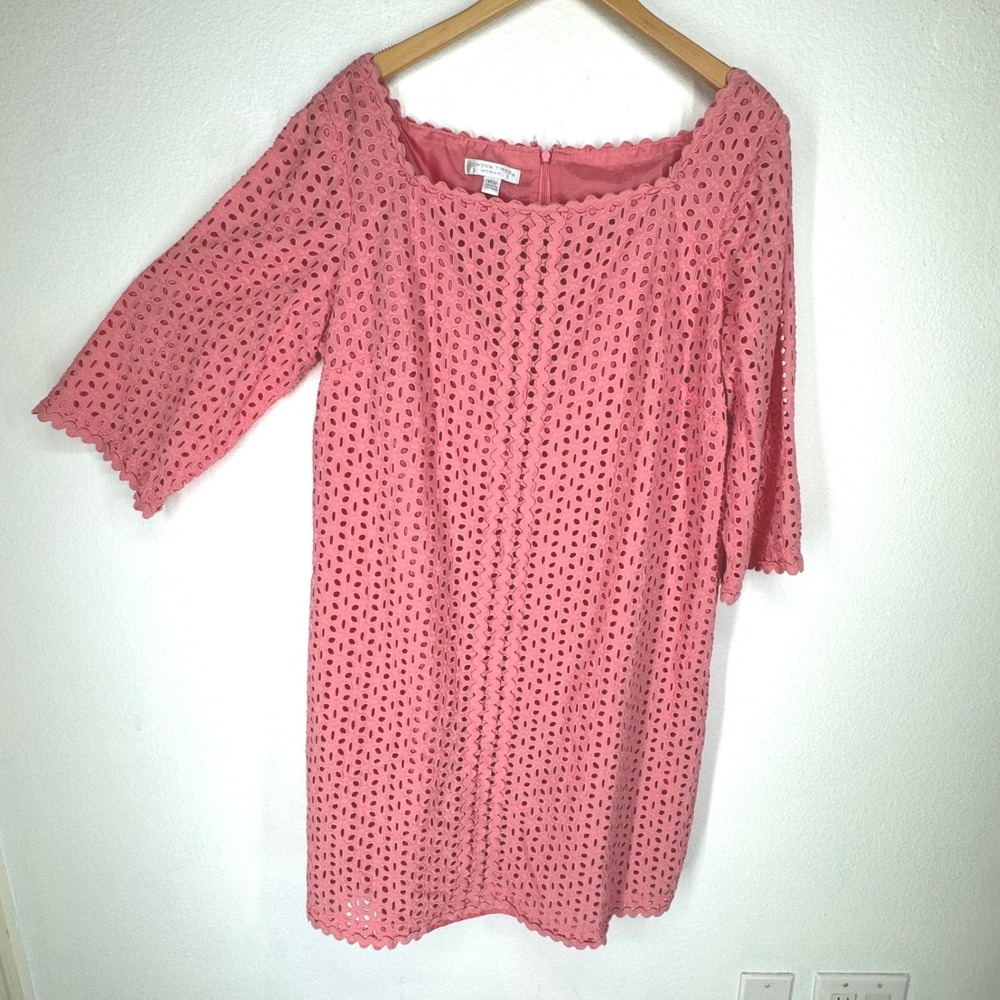 Vintage Woman Coral Pink Eyelet Cotton Shift Dress Scalloped 14 Preppy Coastal‎